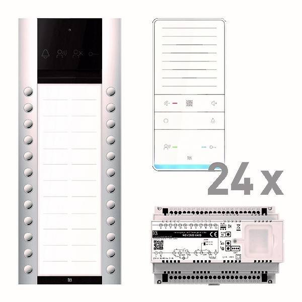 Gegensprechanlage mit 24 Tasten, Steuereinheit und Schaltplan dargestellt. Konzipiert für ein Mehrfamilienhaus.