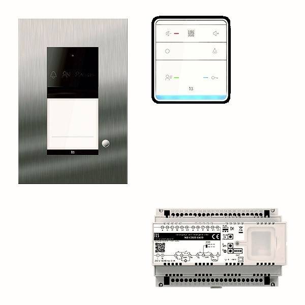 Drei elektronische Geräte: ein metallischer Schalter mit Touchpanel, ein quadratisches intelligentes Bedienfeld mit Symbolen und eine weiße Steuerbox mit mehreren Anschlüssen.