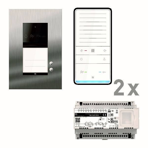 Intercom-Systemkomponenten: elegantes Panel mit Tasten, digitaler Anzeige und einem Verdrahtungsmodul. 