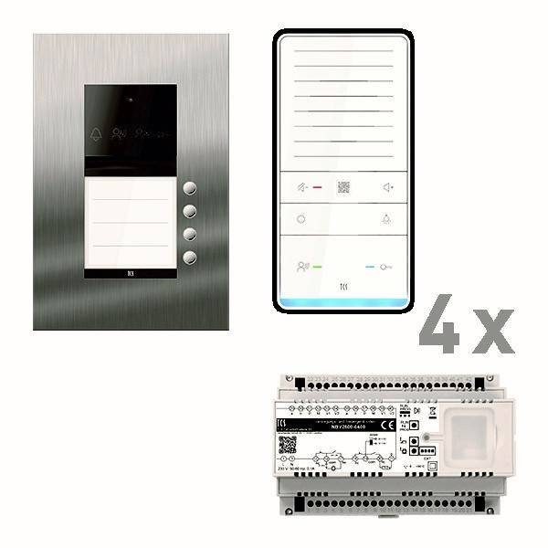 Videogegensprechanlage mit einer metallischen Bildschirmtafel auf der linken Seite, weißer Bedieneinheit mit Symbolen und modularer elektronischer Einheit darunter, Menge 4.