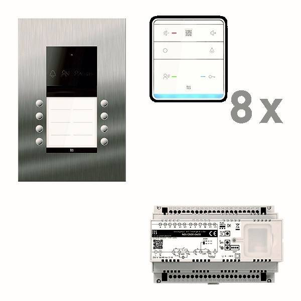 Ein gebürstetes Metallfläche für Smart-Home-Steuerung mit mehreren Touchbuttons wird zusammen mit einer Nahaufnahme der Benutzeroberfläche gezeigt, die acht identische Konfigurationen und ein angeschlossenes Steuermodul zeigt.