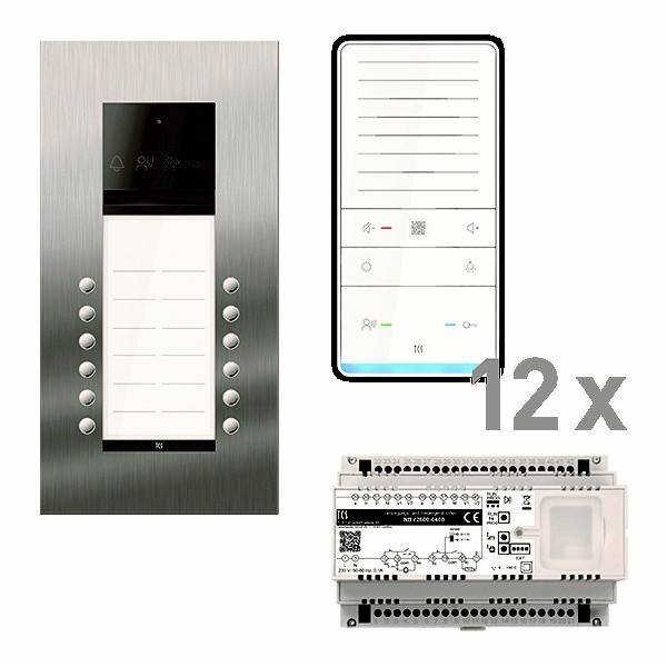 Intercomsystem mit elegantem Metallpanel, Touchscreen-Schnittstelle und Steuereinheit. Ausgestattet mit 12-Tasten-Layout und Konnektivitätsoptionen.