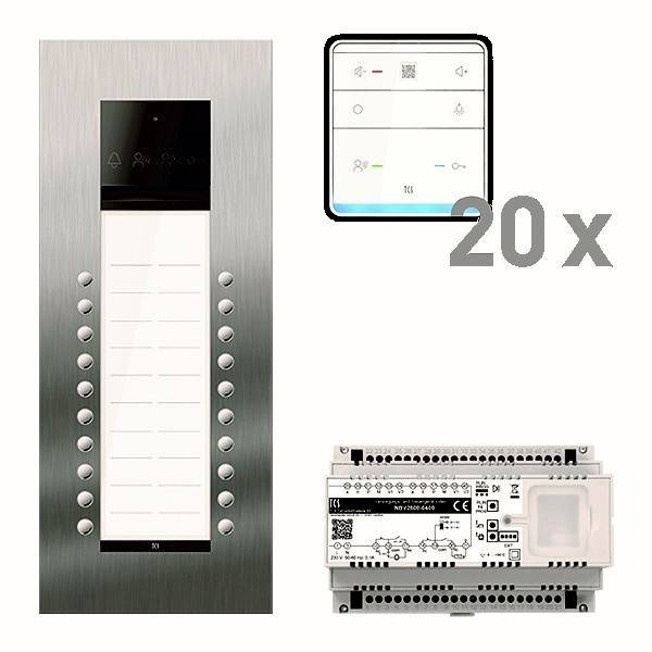 Metallisches Wandpanel mit mehreren Tasten, einer digitalen Anzeige mit Symbolen und einer 20x-Beschriftung. Beinhaltet eine elektronische Steuereinheit.