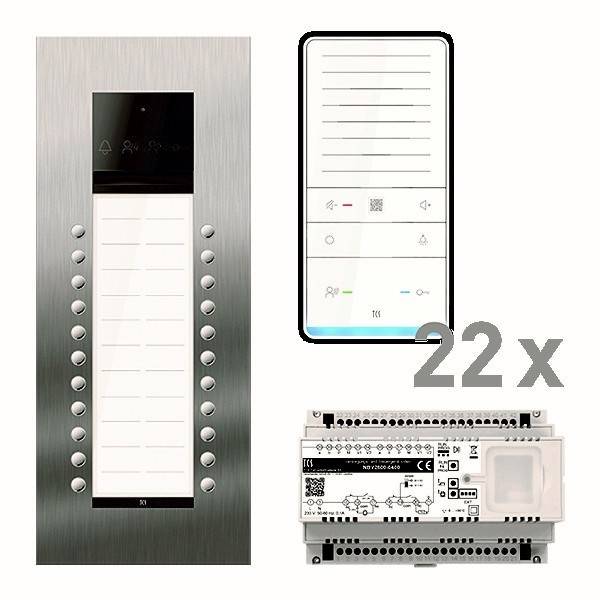 Gegensprechanlage mit mehreren Tasten für verschiedene Aktionen, digitalem Displaybildschirm und Steuereinheit für Haustürsicherheit oder Kommunikationssystem.