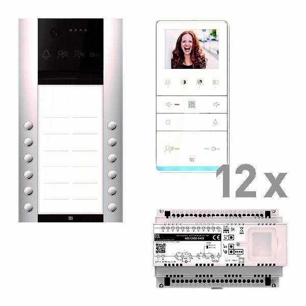 Gegensprechanlage mit Videobilschirm, auf dem eine lächelnde Person zu sehen ist, Bedienfeld mit mehreren Tasten und einer elektronischen Leiterplatte. 12 Einheiten.