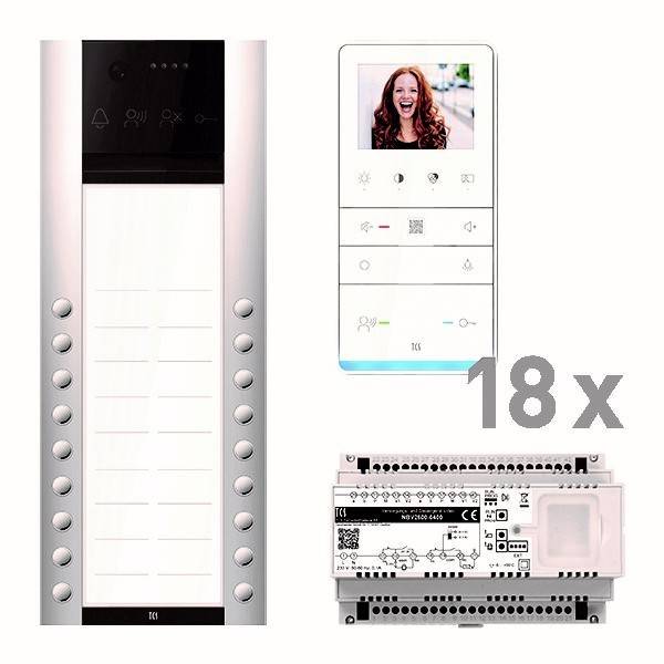 Gegensprechanlage mit mehreren Tasten, einer digitalen Anzeige, die eine lächelnde Person zeigt, und einem Steuermodul mit der Bezeichnung '18x' für Komponenten.