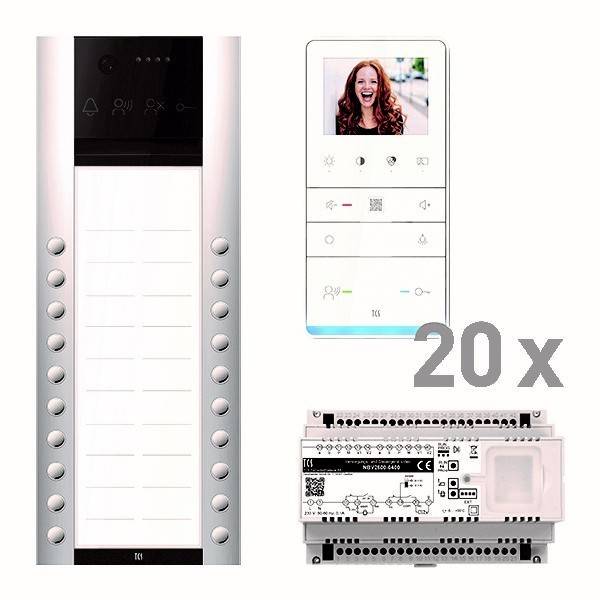 Vorderes Gegensprechanlage-Panel mit mehreren Tasten, Videomonitor mit einer Frau und Steuereinheit. '20x' Text zur Mengenangabe.