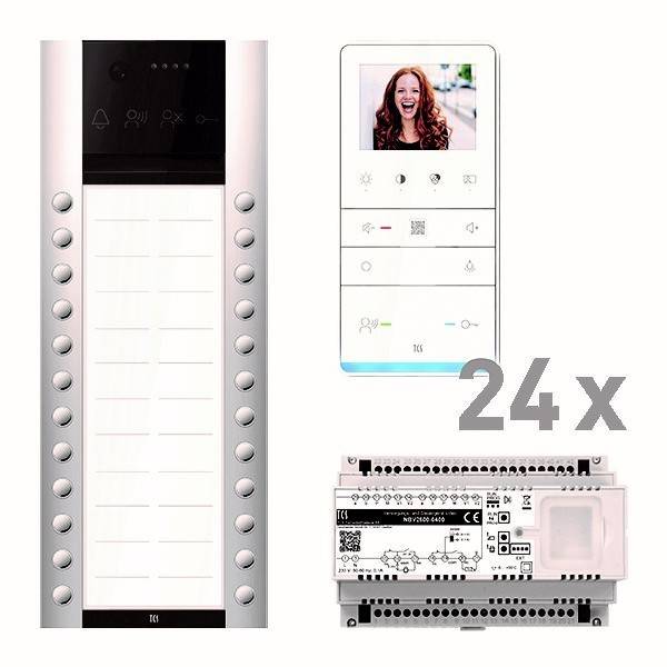 Gegensprechanlage mit Display und Tasten für 24 Einheiten; umfasst eine Wandmontierte Schnittstelle mit Bildschirm für Live-Video und Steuermodul.