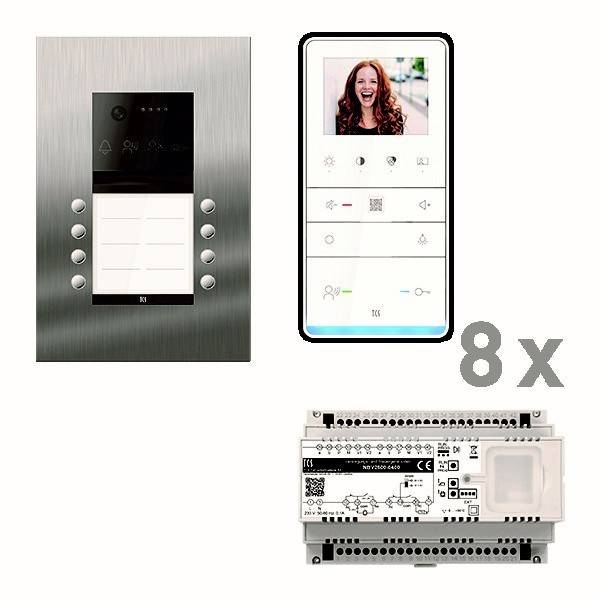 Video-Gegensprechanlage-Set: Wandmontierte Einheit mit Bildschirm, Steuerungstasten und integriertem Lautsprecher. Enthält 8x Einheiten und Installationsmodul.