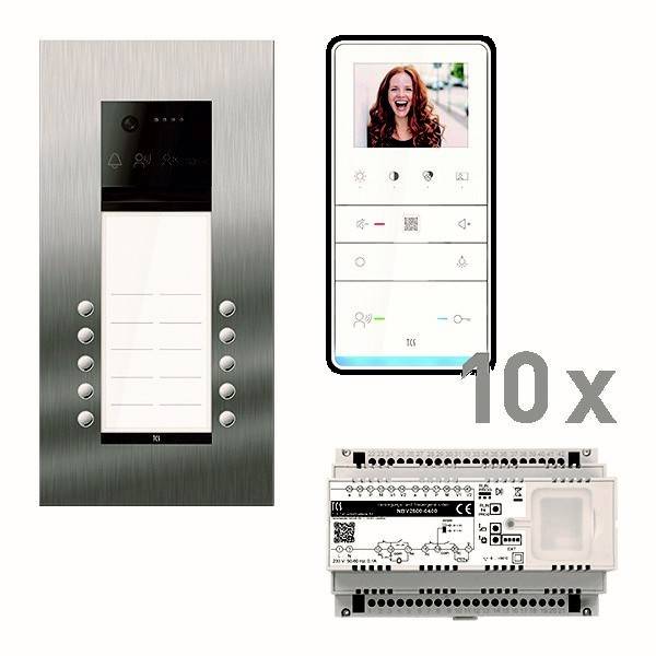 Gegensprechanlage mit Wandpanel, mobilem Bildschirm mit einer lächelnden rothaarigen Frau und einer Steuereinheit. Umfasst 10 Stück.