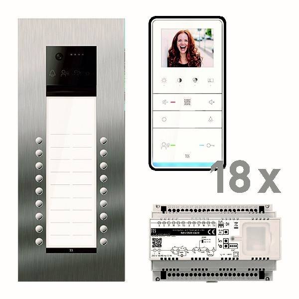 Komponenten des Gegensprechanlagen-Systems, einschließlich einer Steuerungstafel, Benutzeroberfläche mit Bildschirm und einem Schaltkreismodul, zusammen mit '18x'.