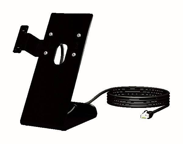 Ein schwarzer Metallständer mit einem angeschlossenen langen Kabel, das in einen Stecker endet, vermutlich entwickelt zum Halten oder Montieren von elektronischen Geräten.