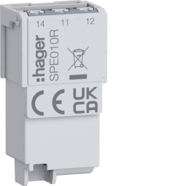 Ein Hager Überspannungsschutzgerät mit der Bezeichnung 'SPE010R' mit elektrischen Nennwerten.