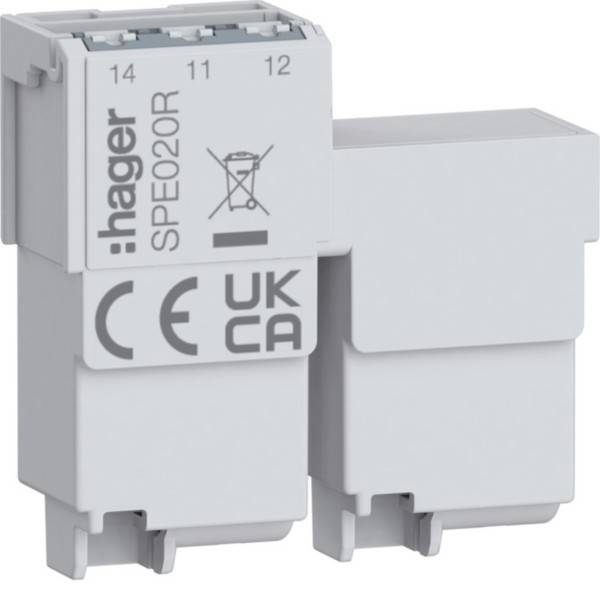 Ein weißes Hager-Elektrogerät mit der Bezeichnung 'SPE020R', versehen mit CE- und UKCA-Symbolen, die die Konformität mit europäischen und britischen Standards anzeigen.