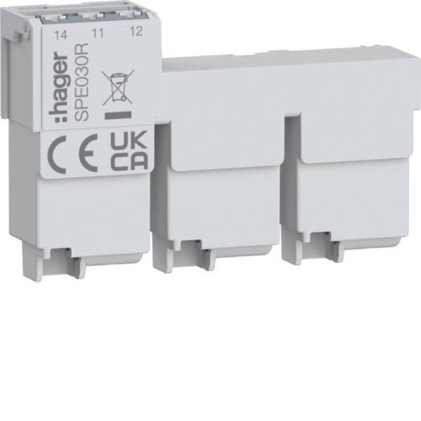 Drei weiße elektrische Komponenten, mit der Marke 'Hager' gekennzeichnet, mit technischen Spezifikationen an der Seite, verwendet bei Installationen in Stromkreisen.