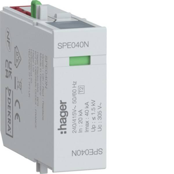 Eine rechteckige elektrische Komponente mit der Beschriftung 'hager' und dem Modell 'SPE040N'. Sie unterstützt 240/415V, 50/60Hz und wird im Vereinigten Königreich hergestellt.