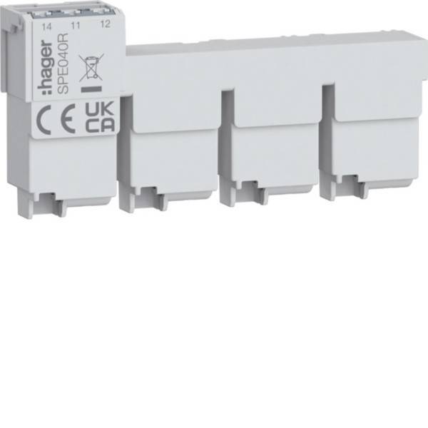 Ein Hager elektrisches Gerät mit der Bezeichnung 'SPE 040R' mit Anschlüssen sowie den Zertifizierungszeichen 'CE' und 'UKCA'.