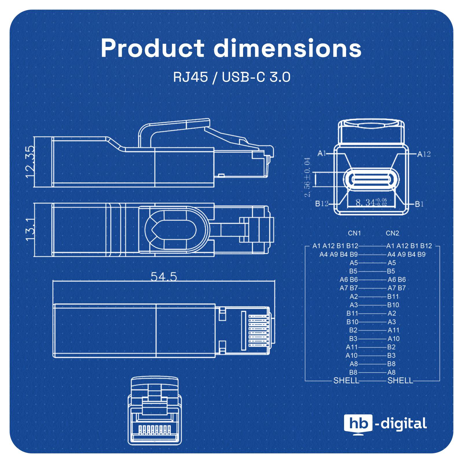 hb-digital USB C Netzwerkadapter RJ45 Stecker Buchse 1Gbps USB 3.0