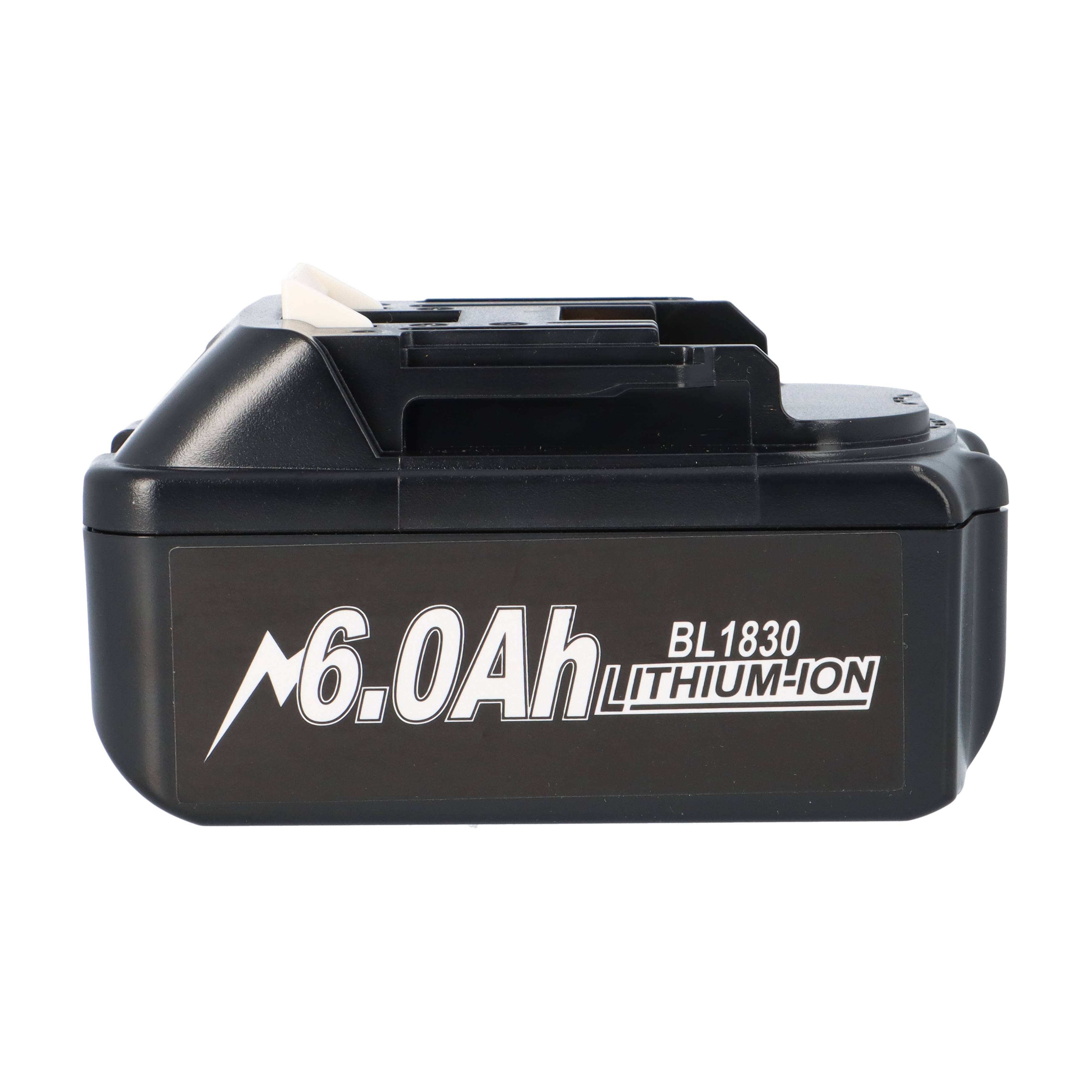 Eine schwarze Lithium-Ionen-Batterie mit der Aufschrift „6.0Ah BL1830