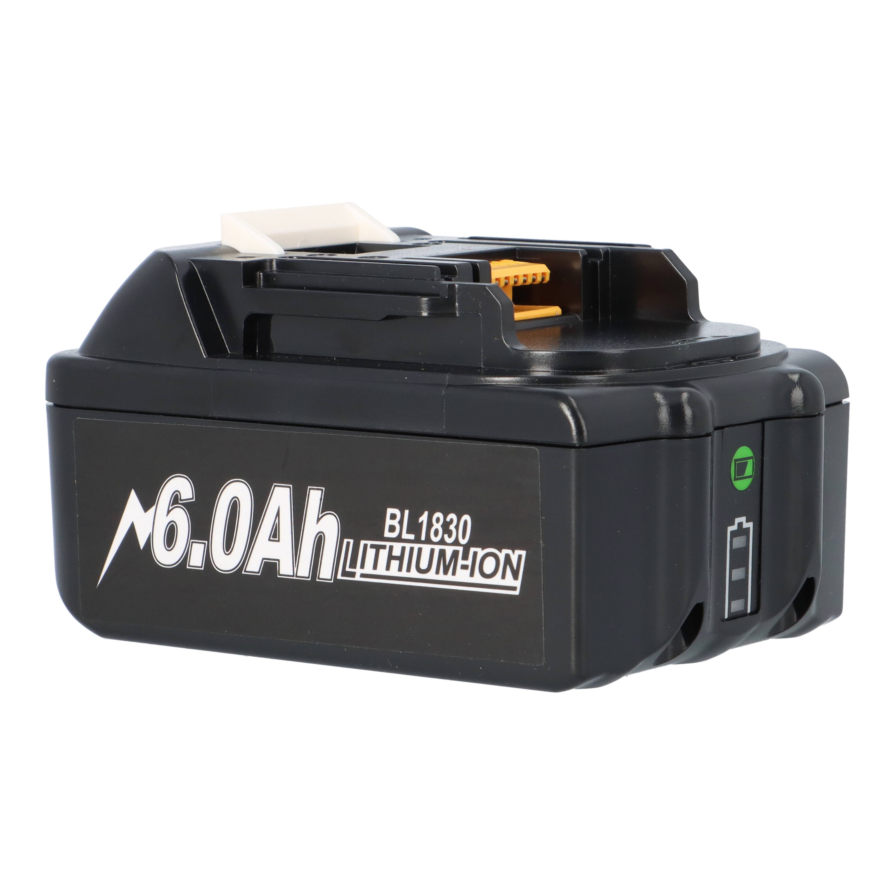 Ein schwarzes 6,0-Ah-Lithium-Ionen-Akku-Pack mit einem grünen Knopf und eingraviertem Text ‚BL1830'.