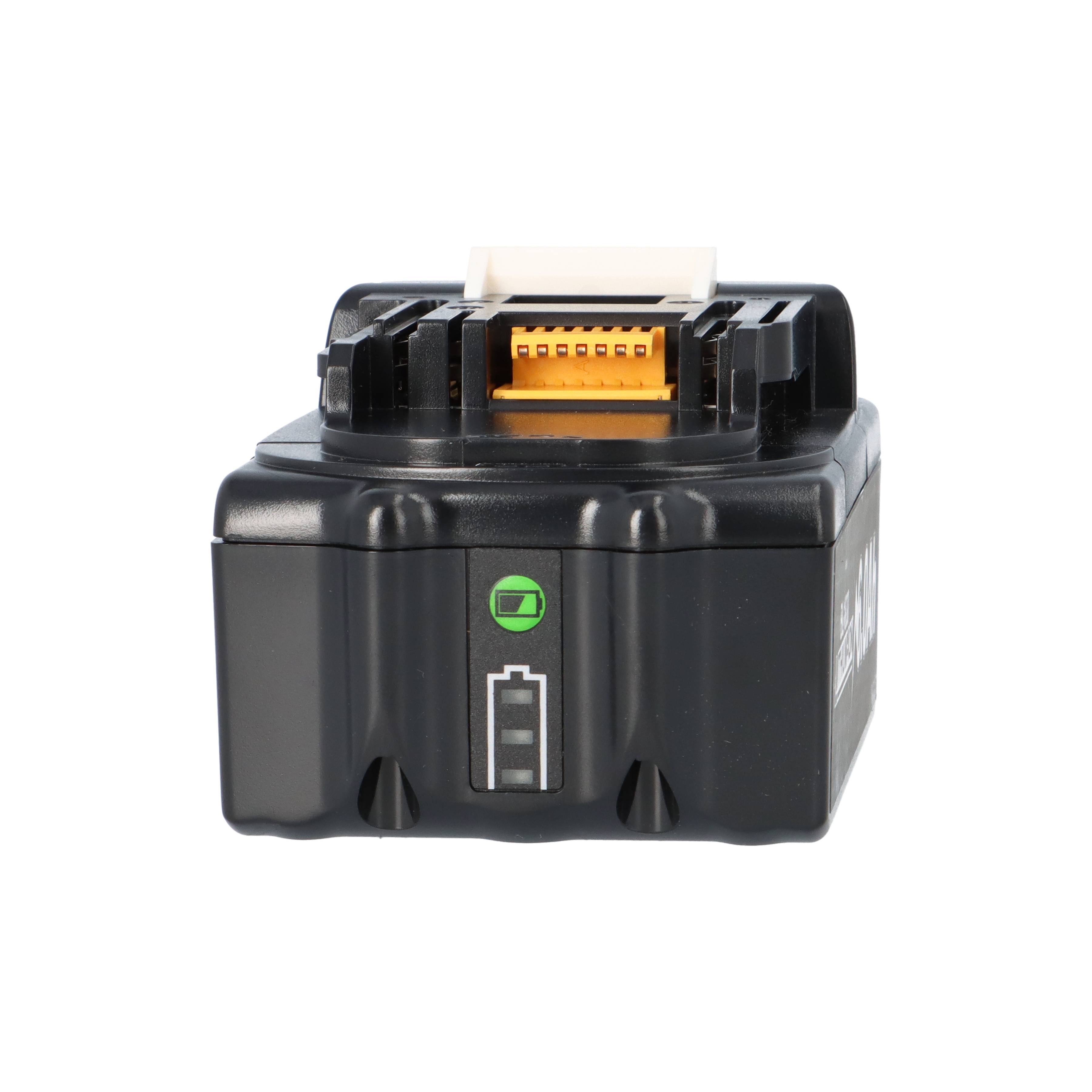 Schwarzes Batteriepack mit orangefarbenem Anschluss und grüner Stromanzeigelampe oben, die den Ladezustand anzeigt.