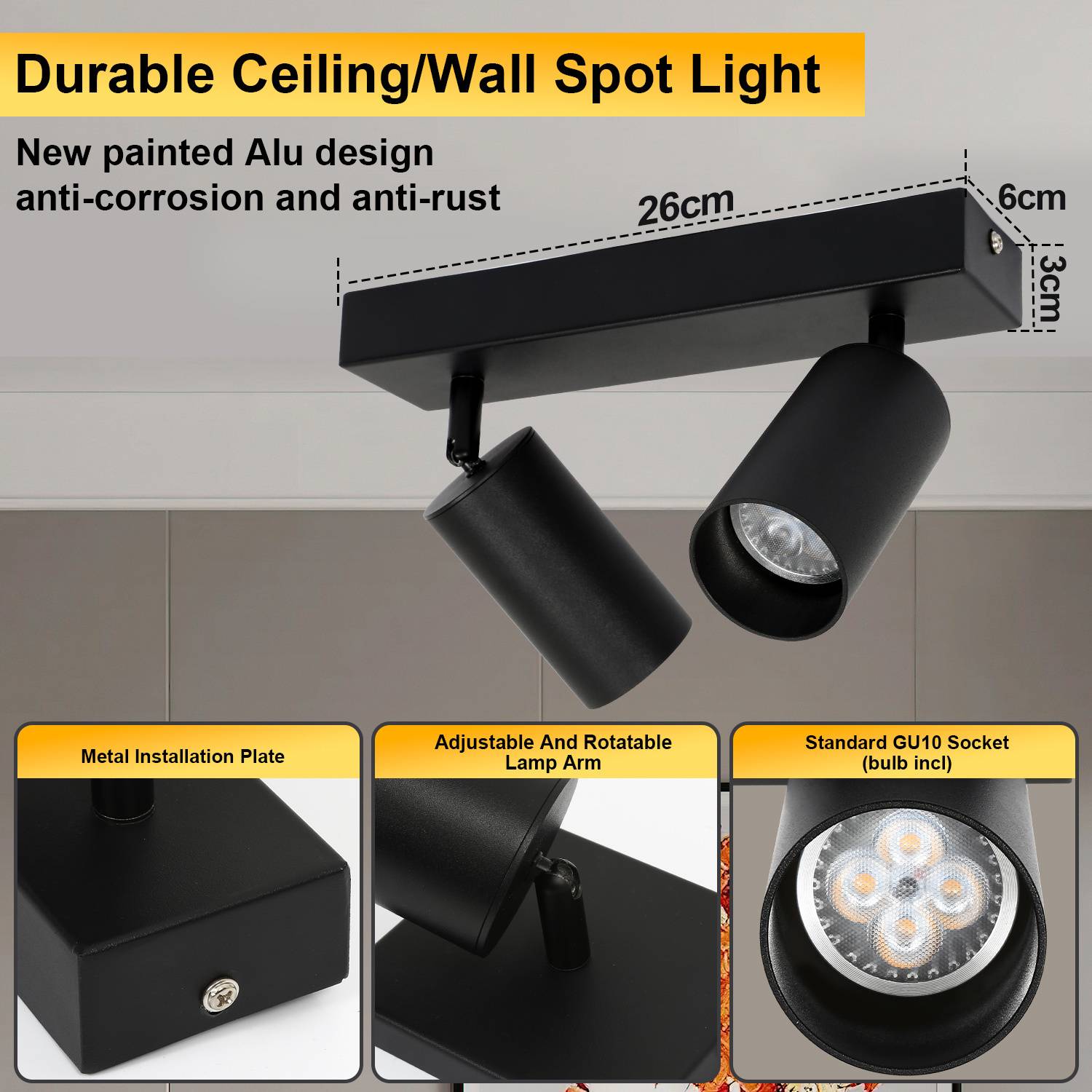 Deckenstrahler 2 flammig Spotleuchte GU10 Schwenkbar - Moderner Deckenspot LED Deckenleuchte Schwarzer