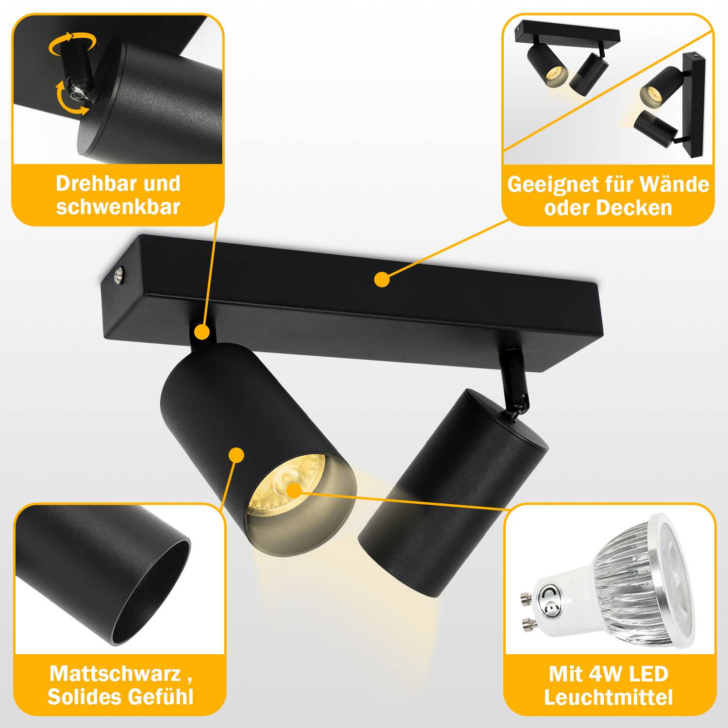Deckenstrahler 2 flammig Spotleuchte GU10 Schwenkbar - Moderner Deckenspot LED Deckenleuchte Schwarzer