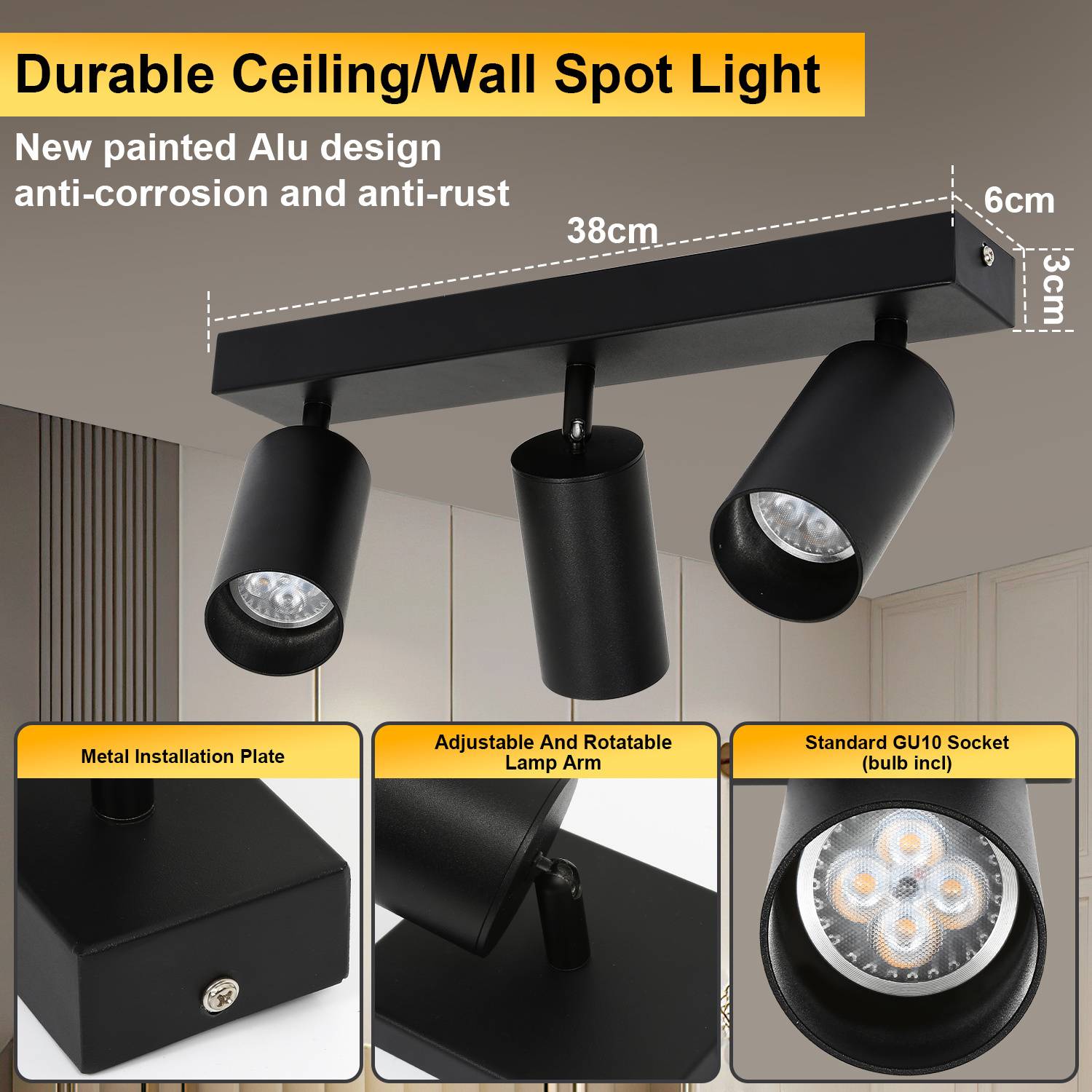 Deckenstrahler 3 flammig Spotleuchte GU10 Schwenkbar - Moderner Deckenspot LED Deckenleuchte Schwarzer