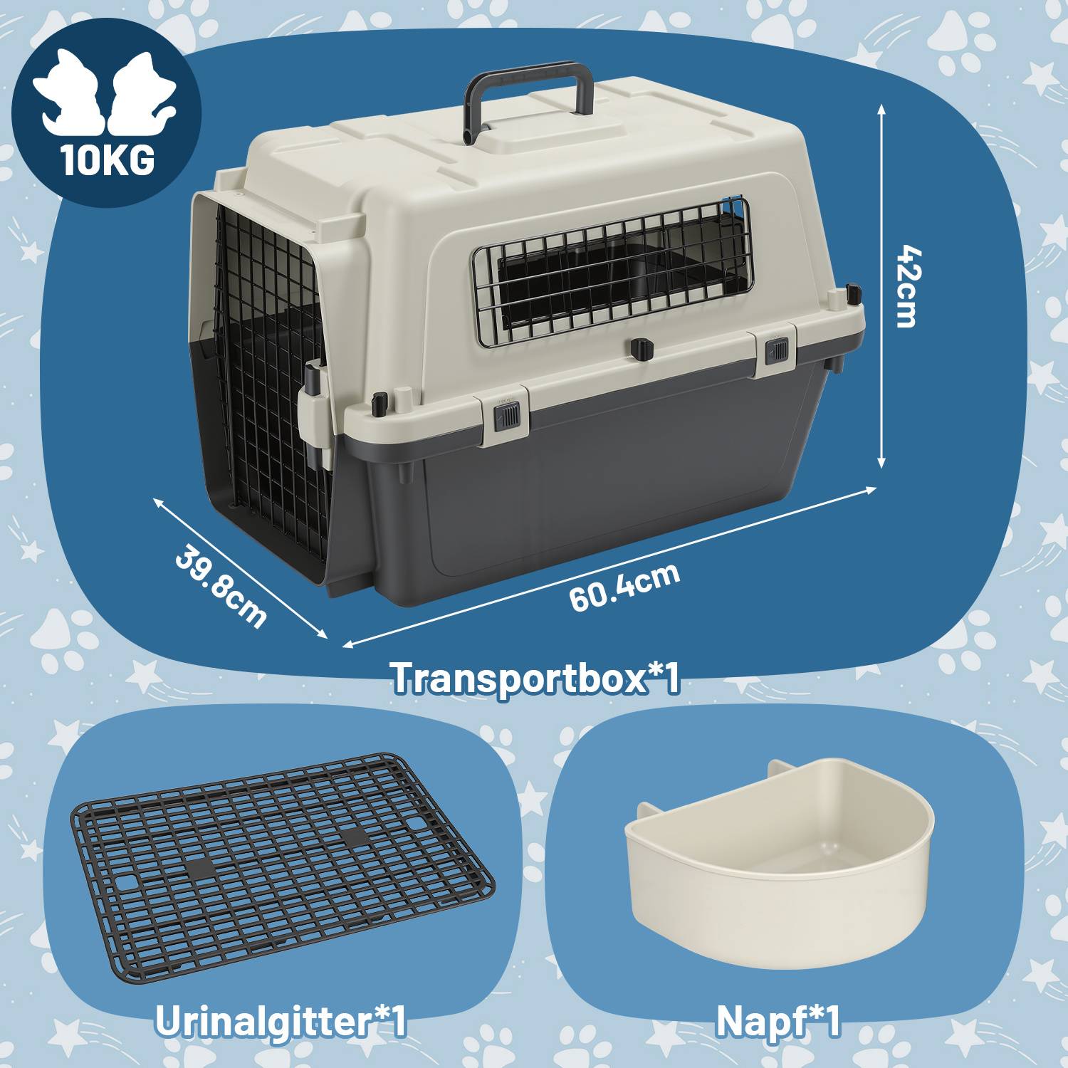 Produktbild einer Haustierbeförderungsbox für bis zu 10 kg, mit den Maßen 60,4 x 39,8 x 42 cm, mit enthaltenem Urinsieb und Napf.