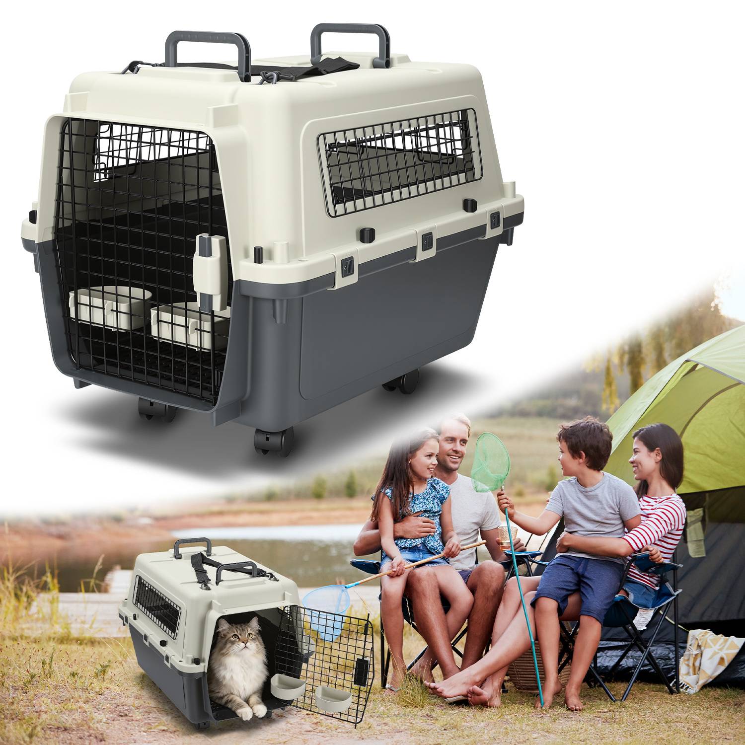 Pet Transportbox met Wieltjes 67.3x54.9x51.5cm für Haustiere aus Kunststoff Grau-Weiß