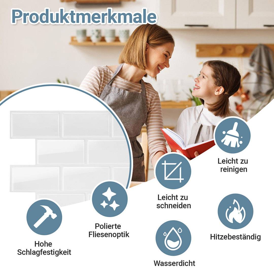 Fliesenaufkleber 30,5x30,5cm Fliesen-Folie 10 Stück Deko selbstklebende Klebefliesen Weiß für Küche Bad Wohnzimmer Zimmer
