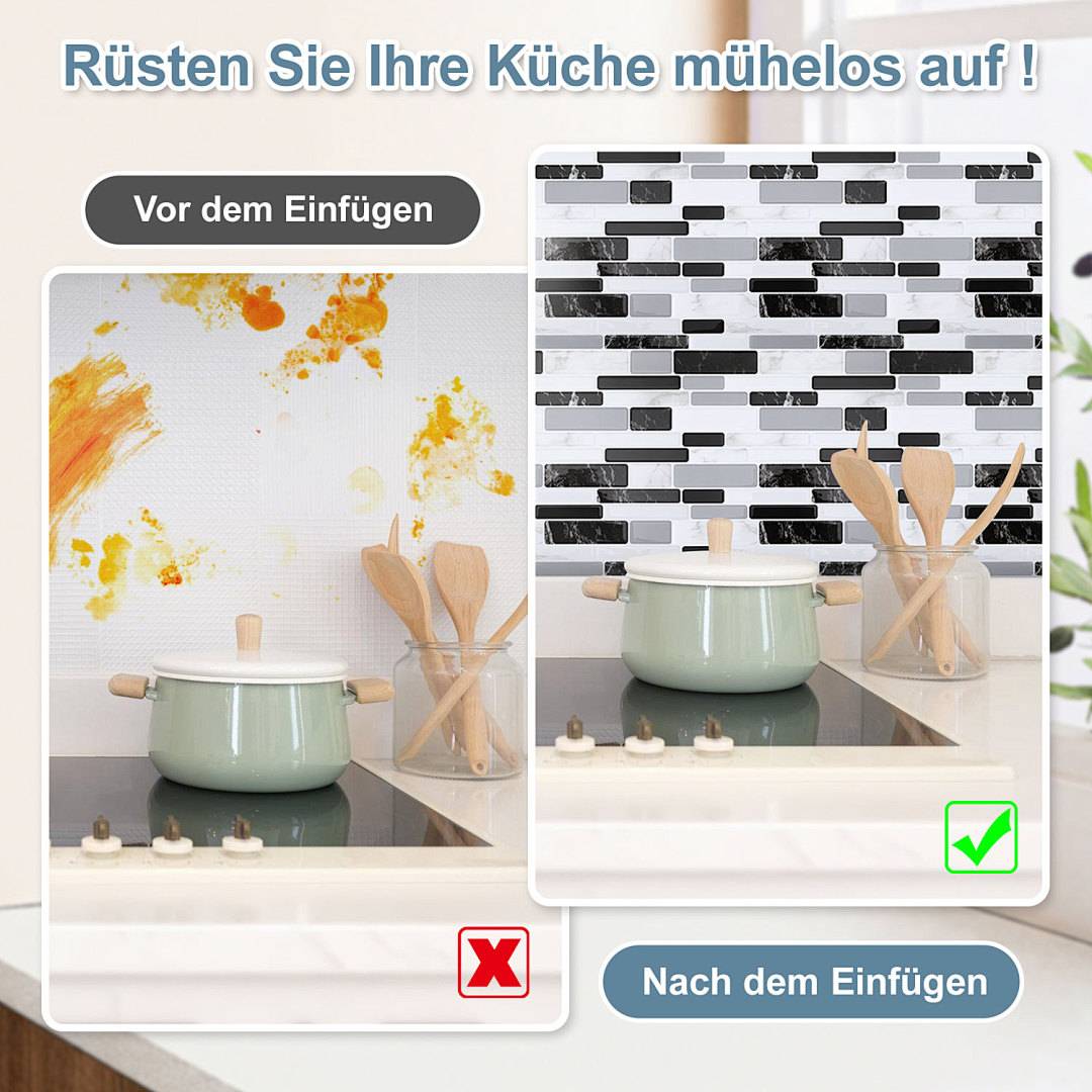 Küchen-Makeover-Anzeige mit vorher-nachher Küchenrückwand-Selbstklebefliesen-Upgrade, mit Beschriftungen "Vor dem Einfügen"" und ""Nach dem Einfügen"" und einem grünen Häkchen auf dem Nachher-Bild.