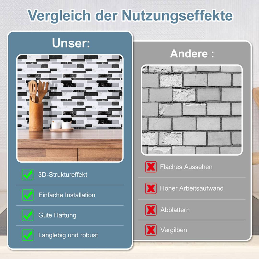 Grafikvergleich, der "Unser"" 3D-Flieseneffekt versus ""Andere"" flache Oberfläche zeigt; hebt einfache Installation, starke Haftung und Langlebigkeit hervor, während andere abblättern und vergilben.