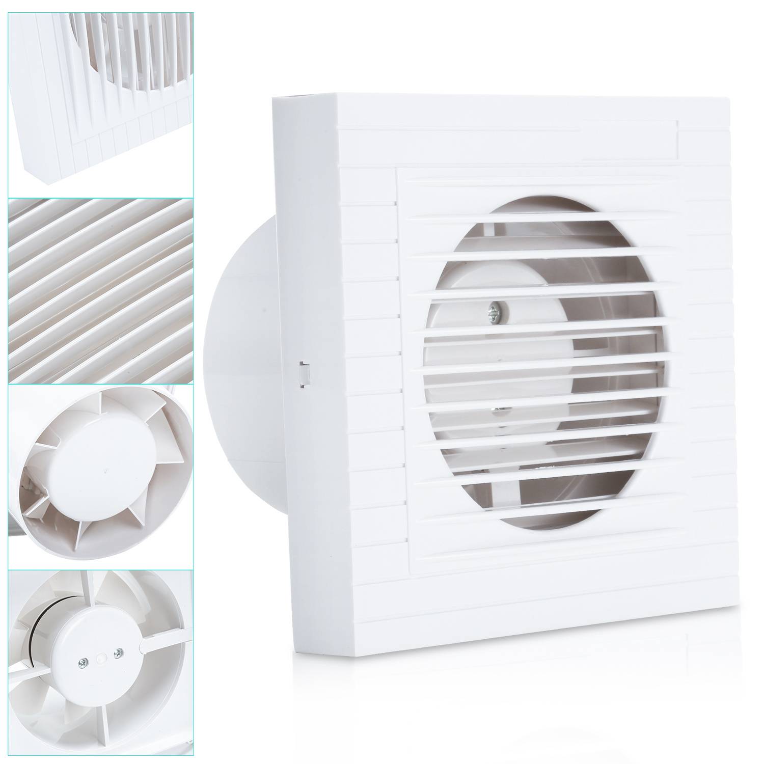 Weißer quadratischer Lüftungsventilator oder Abluftgitter mit Lamellenschutz, in Nahaufnahme dargestellt mit eingefügten Detailansichten seiner Schaufeln und des Gehäuses.