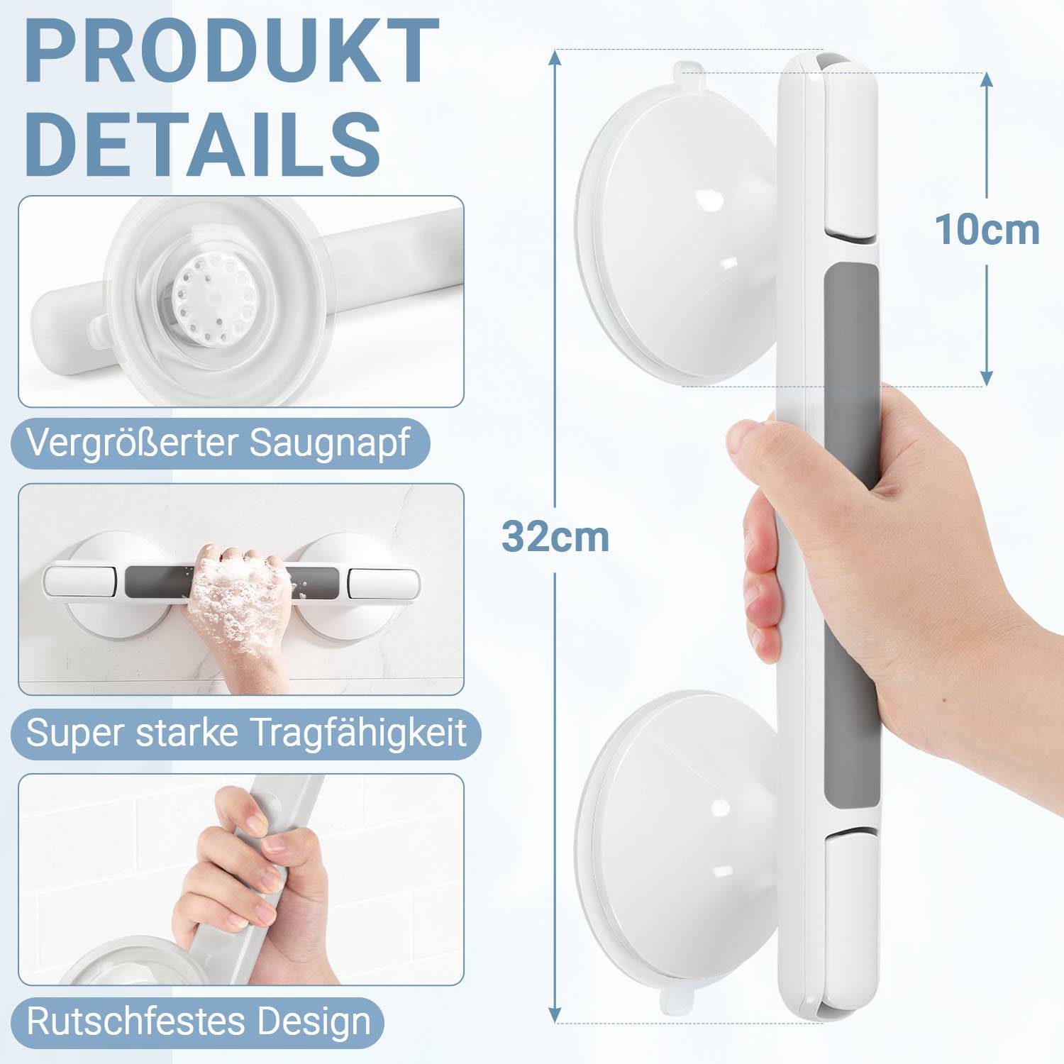 Haltegriff Dusche, Mobile Dusche Griffstangen mit Saugnäpfen, Wannengriff ohne Bohrungen Duschgriff für Badezimmer, Kinder und Senioren
