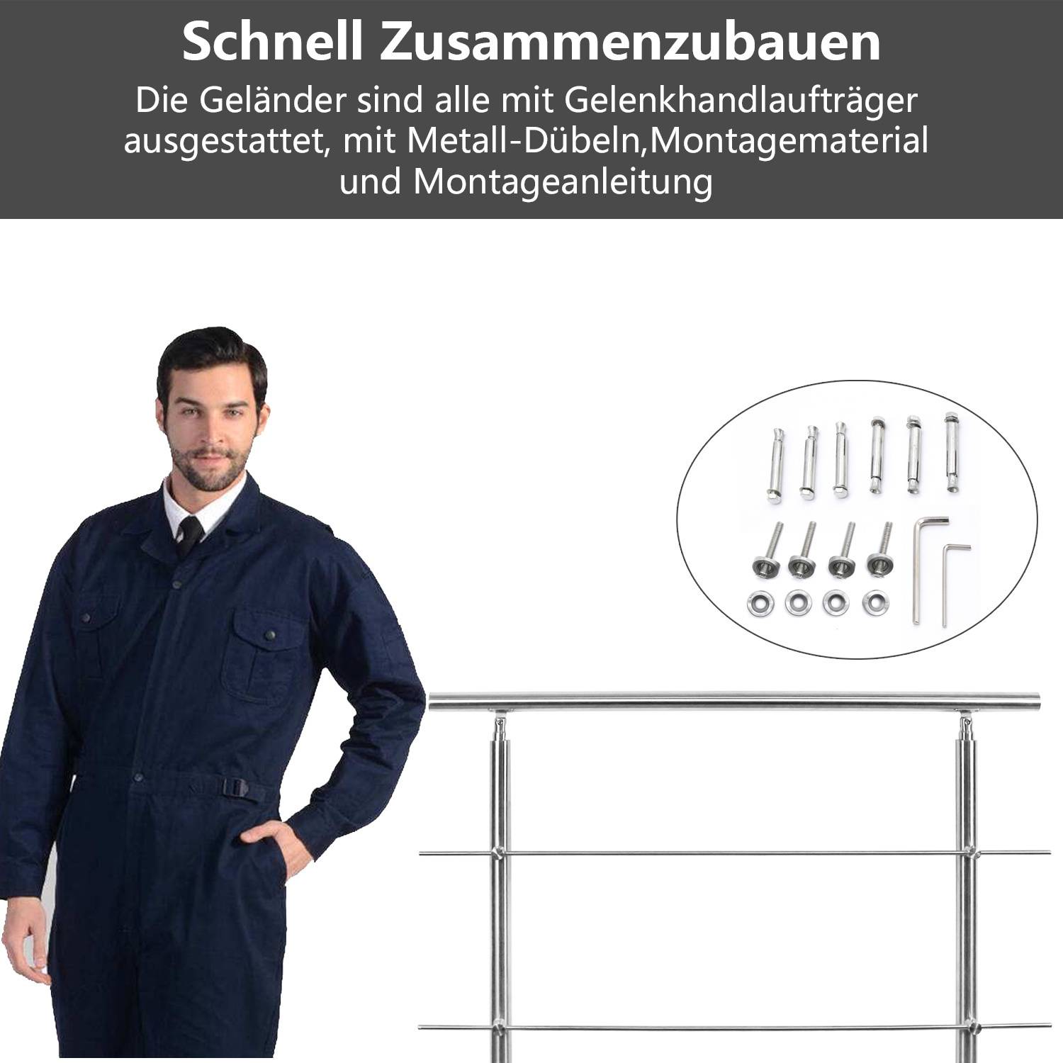 Geländer Edelstahl Handlauf Treppengeländer Innen&Außen Balkongeländer Treppenhaus Brüstung 150cm 0 Querstäbe