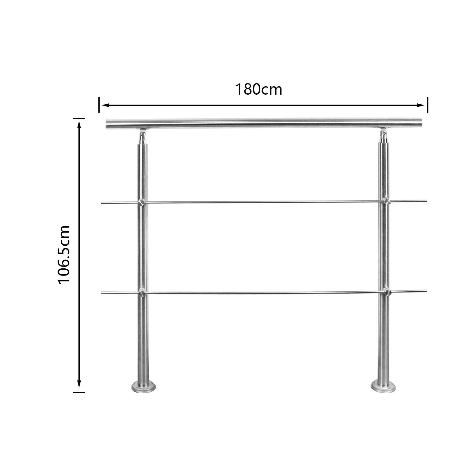Edelstahl-Geländer mit vier horizontalen Streben, Abmessungen angegeben mit 180 cm Breite und 106,5 cm Höhe.