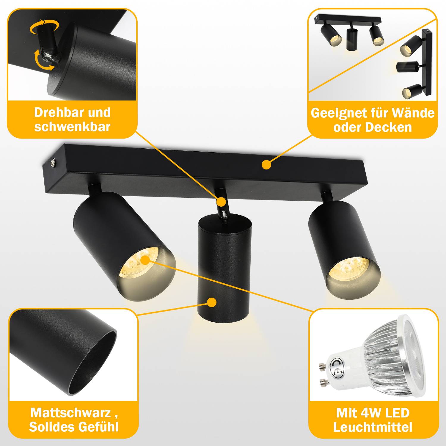 Deckenstrahler 3 flammig Spotleuchte GU10 Schwenkbar - Moderner Deckenspot LED Deckenleuchte Schwarzer