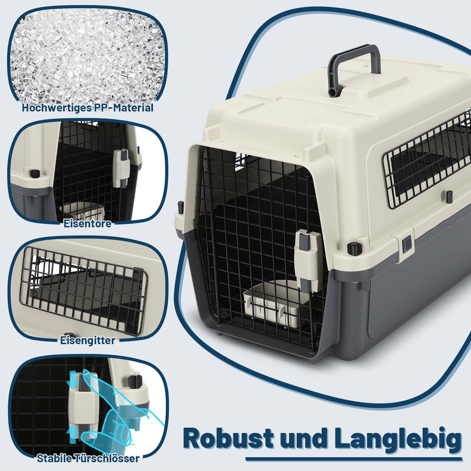 Pet Transportbox Mit Eisentoren und Eisengittern ausgestattet 60.4x42x39.8cm Katzentransportbox Grau-Weiß