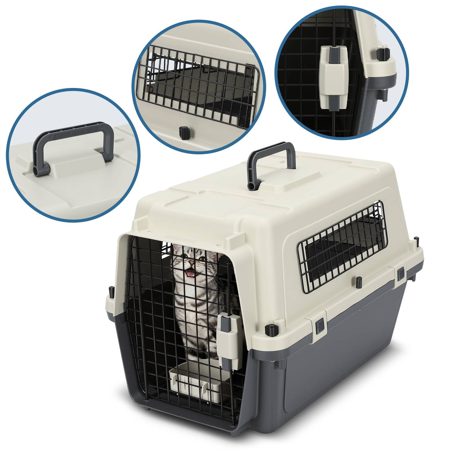 Hundebox Auto Rückbank Transportbox 60.4x42x39.8cm Katzentransportbox Kaninchen Katzenkorb Transport Hundetransportbox Reisebox Grau-Weiß