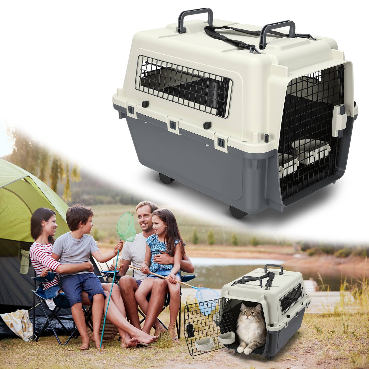 Hundebox Auto Rückbank Transportbox 67.3x54.9x51.5cm Katzentransportbox Kaninchen Katzenkorb Transport Hundetransportbox Reisebox Grau-Weiß