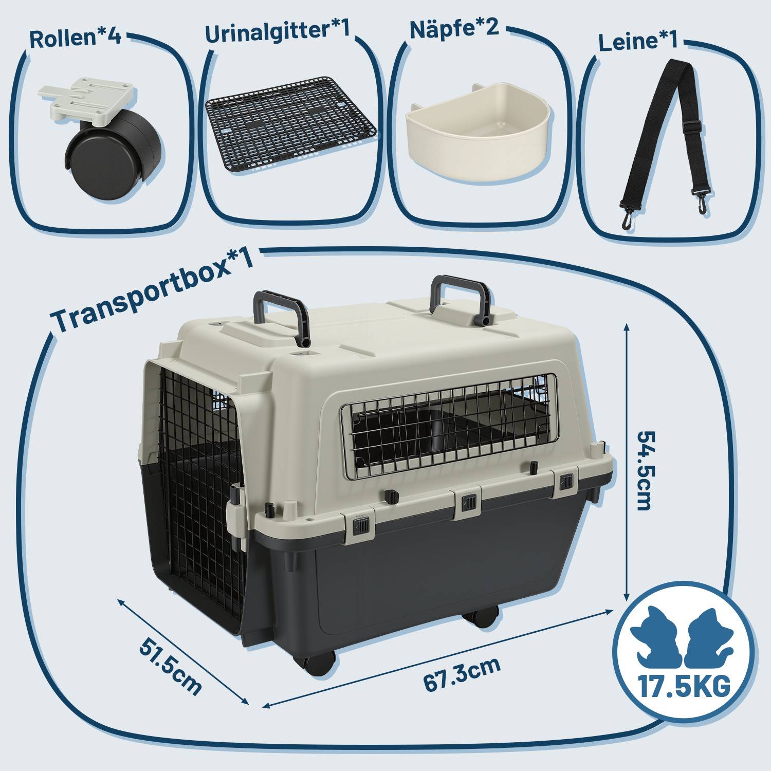 Hundebox Auto Rückbank Transportbox 67.3x54.9x51.5cm Katzentransportbox Kaninchen Katzenkorb Transport Hundetransportbox Reisebox Grau-Weiß