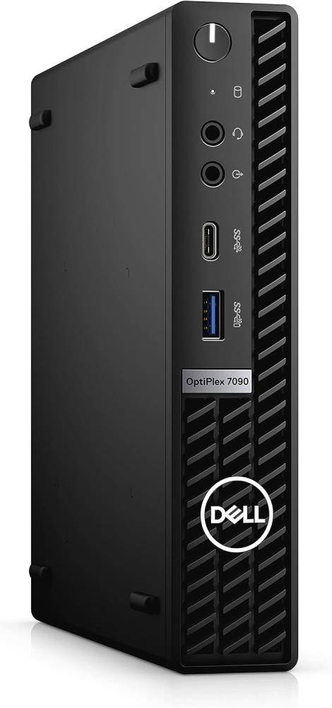 Dell OptiPlex 7090 Frontseite mit einem USB-C-Anschluss, einem USB-A-Anschluss, Modell-Etikett und Belüftungsdesign auf einem schwarzen Gehäuse.