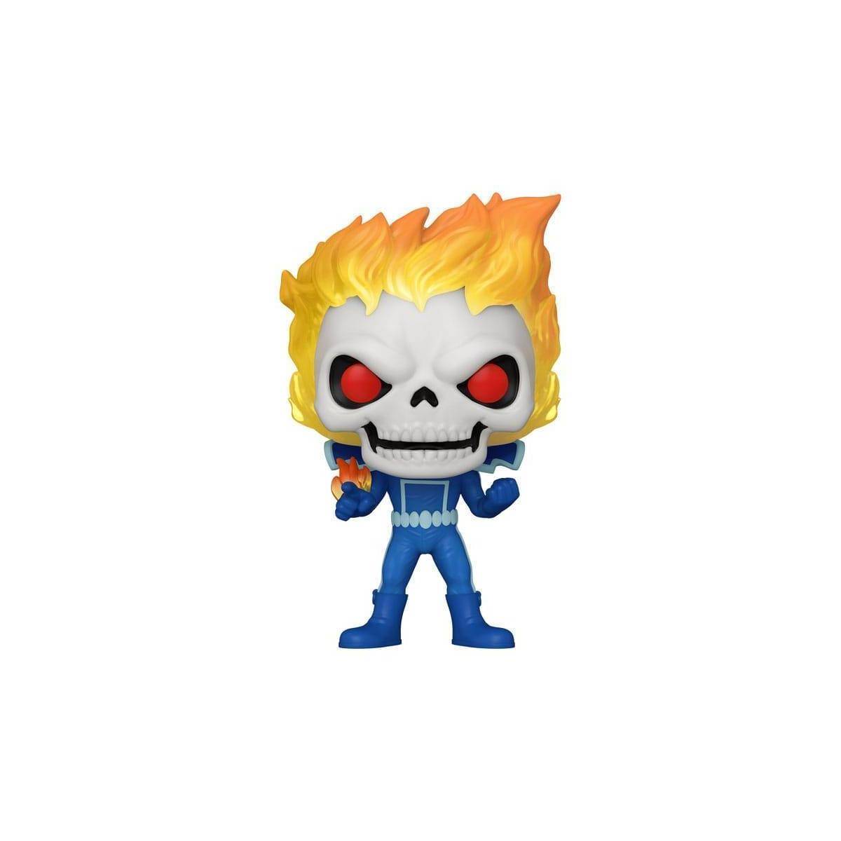 Eine Figur mit einem schädelhaften Gesicht, feurigem Haar und blauer Kleidung steht in einer kraftvollen Pose und ruft ein Gefühl dynamischer Energie hervor.