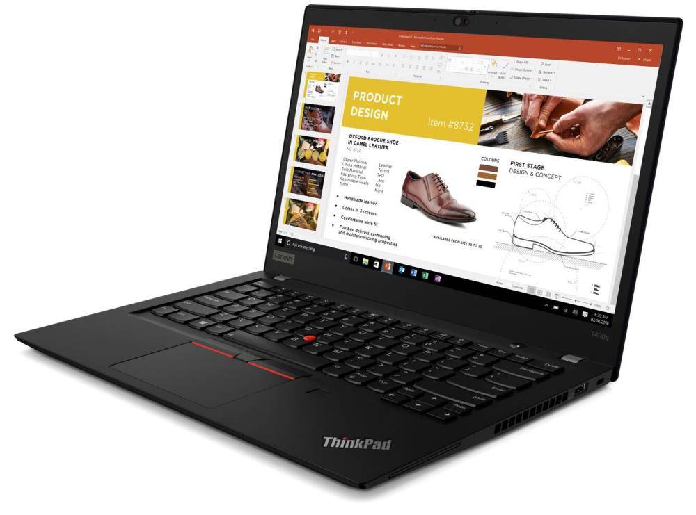 Ein schwarzer Laptop mit 'ThinkPad'-Branding zeigt eine Design-Präsentation mit Fokus auf Schuhe, mit Bildern und Text über Produktdesign.