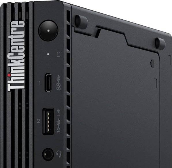 Eine Nahaufnahme der Frontseite eines Computers mit der Beschriftung „ThinkCentre