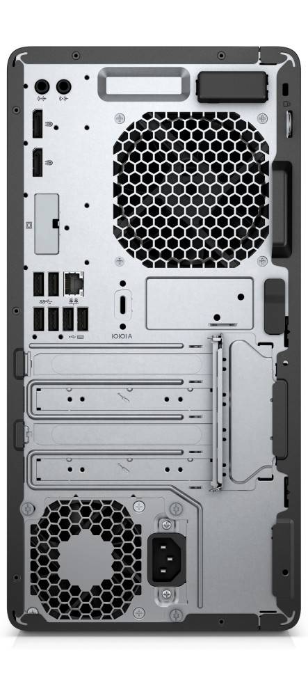 Das Rückpanel eines Computergehäuses mit verschiedenen Anschlüssen wie USB, Ethernet und Audio, sowie Erweiterungssteckplätzen und einem Lüftungsgitter.
