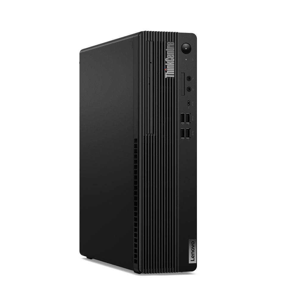 Schwarzer Lenovo ThinkCentre Desktop-Turm, Vorderansicht, mit vertikalen Lüftungsschlitzen, Netzschalter und vorderen USB- und Audioanschlüssen.