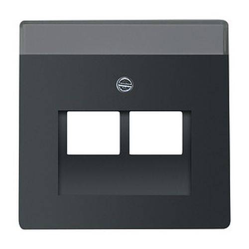 Ein schwarzer rechteckiger Rahmen mit zwei quadratischen Öffnungen, möglicherweise eine Abdeckplatte für elektrische Steckdosen oder Schalter, vor einem weißen Hintergrund.