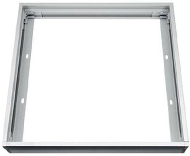 Ein quadratischer Metallrahmen mit einer hellen Graufarbe, der vertiefte Scharniere an den Seiten aufweist.